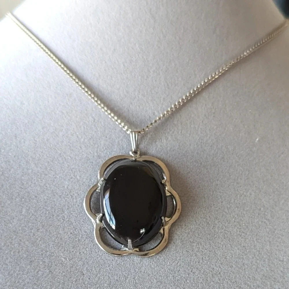 Simple Black Pendant Necklace- Goth- Romantic- Silver tone 18" long chain